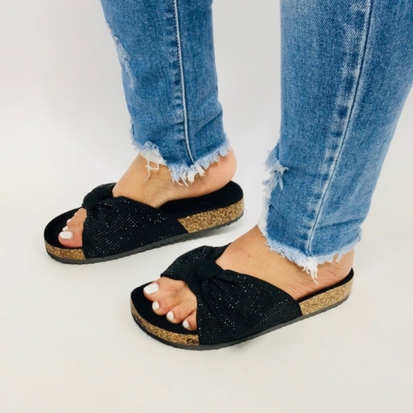 Embellished Bow Cork Slides in Black - Picture 5 of 6